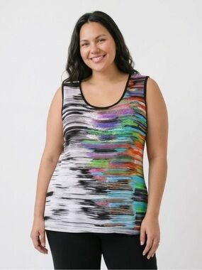 Plus-Size Multicolor Brushstroke Scoop Neck Tank with Black Trim